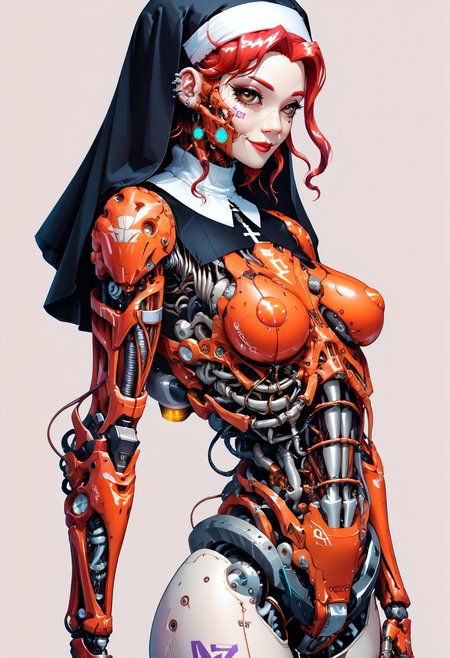 score_9,score_8_up,score_7_up,score_6_up,score_5_up,score_4_up,1 girl,solo,female focus,looking at the spectator,(5'2" 100 lbs, 32A, petite build, medium breasts, drop-shaped breasts, symmetrical breasts, toned legs, flat stomach, multiple tattoos, bright smile, piercing brown eyes, Shell Neon hair color, porcelain skin:1.3),(Ultra-thin nanotech body armor like a second skin in the form of a sensual nunâs outfit, hugging nipples, elegant exoskeleton exuding sexuality, skeletal parts in carbon-titanium and gold, nanotech robo arms, legs transitioning to high heels and platforms, premium robotic exoskeleton, main color red with black accents, ornate velvet details, shimmering ruby inserts.:1.3),(plain contrasting background:1.3),(full-length:1.5),hands,Perfect hand,Perfect feet,Perfect eyes,cyb0rg,science fiction,cable,mechanical parts,<lora:feet v3:1>,<lora:hand 4:1>,<lora:PerfectEyesXL:1>,zPDXL2,zPDXLpg,<lora:cyb0rgXLP:0.8>,<lora:add-detail-xl:1>,<lora:DP-Pony:1>,p33rs,<lora:incase_style_v3-1_ponyxl_ilff:0.2>,