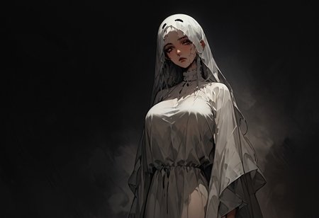 A ghostly silhouette of a woman, with soft and ethereal feminine features. Her translucent form floats in the air, wearing a long, flowing dress that seems made of mist. The figure is surrounded by a soft and mysterious light, and her face has a serene and distant expression, evoking a sense of calm and mystery in the dark surroundings, big breasts(2:1), tan lines, runny makeup