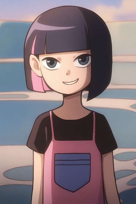 <lora:kele:1>,kele,1girl,solo,black eyes,blue eyes,short hair,two-tone hair,black hair,pink hair,colored inner hair,bob cut,blunt bangs,shirt,t-shirt,black shirt,pink shirt,short sleeves,smile,looking at viewer,, masterpiece,best quality,amazing quality,absurdres, anime screenshot, lazypos ,