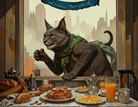<lora:bear:1>, This image is a digital painting depicting a whimsical, surreal breakfast scene. The central figure is a large, anthropomorphic gray cat with a playful, mischievous expression, standing menacingly on the windowsill. The cat has a green scarf around its neck and is holding a coffee mug in its left paw. Its right paw is extended towards the table, as if reaching for something., 
The table, positioned in front of the window, is cluttered with breakfast items. On the left side, there are two loaves of bread, a coffee pot, and a teapot. In the middle, a stack of pancakes with syrup and a plate of scrambled eggs are arranged neatly. On the right side, there are two orange juices, one in a glass and the other in a mug. A white cloth is draped over the table, and a blue banner with the text "Good Morning, Have a Nice Day" hangs above the window., 
The background reveals a foggy, misty morning scene with a city skyline visible through the window. The colors are warm and inviting, with a mix of browns, greens, and oranges dominating the scene. The style of the painting is vibrant and expressive, with a touch of fantasy and whimsy.