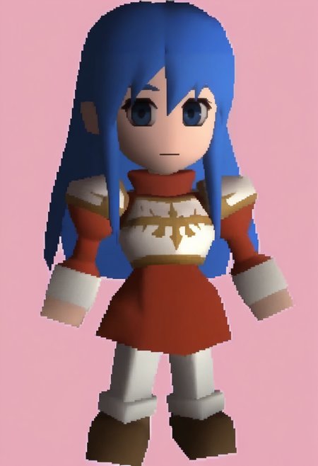 masterpiece, best quality, solo, 1girl, looking at viewer,  <lora:FF7-Chibi-illus_Fp:1>, full body, simple background, 3d, chibi, <lora:caeda-fe-richy-v1_ixl:1>, caedadef, blue eyes, blue hair, long hair, bangs, turtleneck, red shirt, shoulder armor, pauldrons, breastplate,