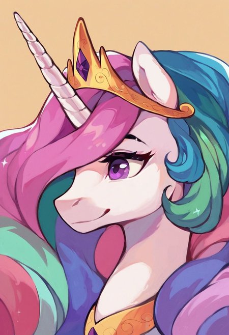 score_9, score_8_up, score_7_up, Close up facial portrait: Princess Celestia, alicorn, female, piercing purple eyes, kind smile, ruler of Equestria, long pink mane with purple and blue streaks, golden tiara