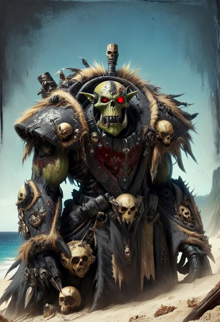 (best quality, masterpiece), drawix9, dwx9, EPSavageVerse, Ork Painboy, cybernetic eye, scar, lab coat, blood stains, grimdark, menacing, complex lighting, extremely detailed, detailed textures,<lora:Ork-Boyz:1>, muscular, evil grin, hostile, tropical beach background