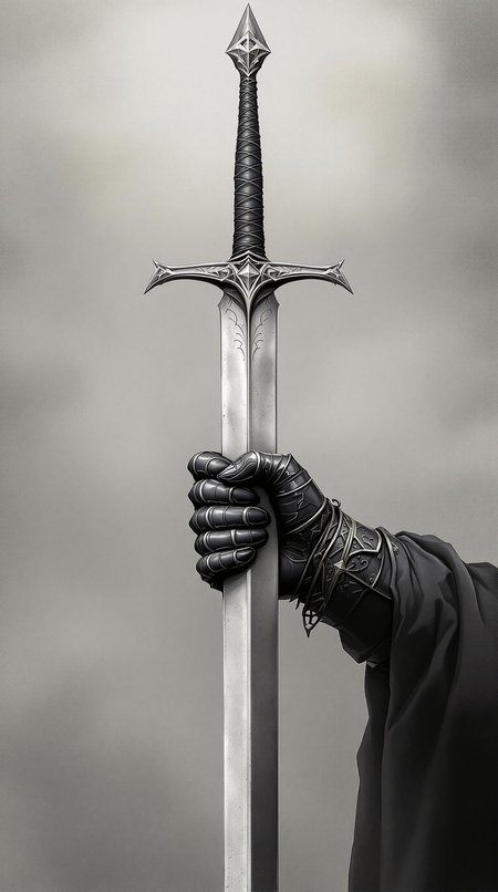 a hand wearing dark gray armor, holds a long, pointed sword, silvery-gray metal, with visible detail in the crossguard, soft, gray and white mist background, diffused lighting, no harsh highlights, vintage film, noir, professional photoshoot