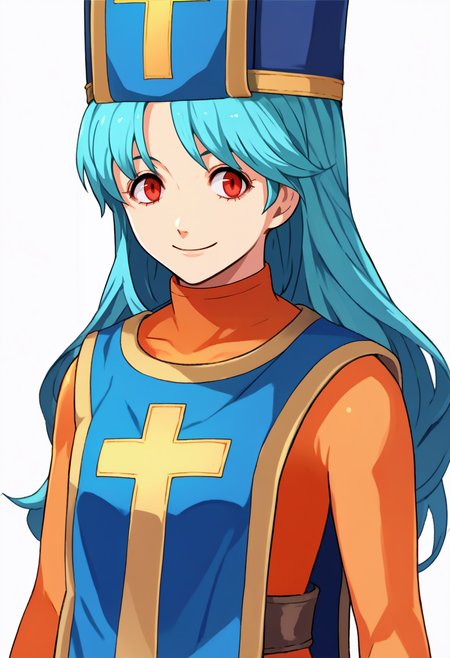 score_9, score_7_up, source_anime, zeroazureportraits, simple background, white background, upper body, solo, 1girl, dq3priest, smile, looking at viewer, standing, aqua hair, hat, mitre, red eyes, orange bodysuit, tabard <lora:zs_ZeroAzurePortraitsXL:1> <lora:dq3_priest_ponyXL:0.9>