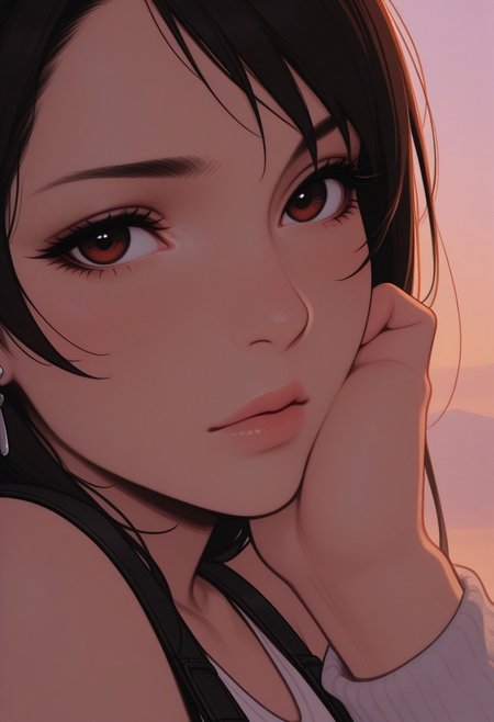 HDR, 8K, high contrast, masterpiece, best quality, amazing quality, very aesthetic, retro artstyle, realistic, promotional art, newest, (artist:incase:0.5), (artist:tsuaii:0.5), (flat colors:2), haiz_ai, no lineart, no outline, close up,
1girl, Tifa, dark eyes, low-tied long hair, earrings, white crop top, suspenders, black miniskirt, pencil skirt, arm warmers, evening sky, close up portrait, looking at viewer,