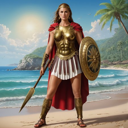 detailed painting of a female spartan warrior, spartan champion, old iron armor cuirass, leather skirt, holding a shortsword, round shield, crimson cloak, beautiful slavic womans face, full body portrait, full height photograph, cinematic lighting, spectacular composition, highly detailed, masterpiece, 4K artstation, tropical beach background, full shot, bronze greaves, sandals, (art by Jeff Easley:1.2),  <lora:Spartan_Armor_XL:0.8>