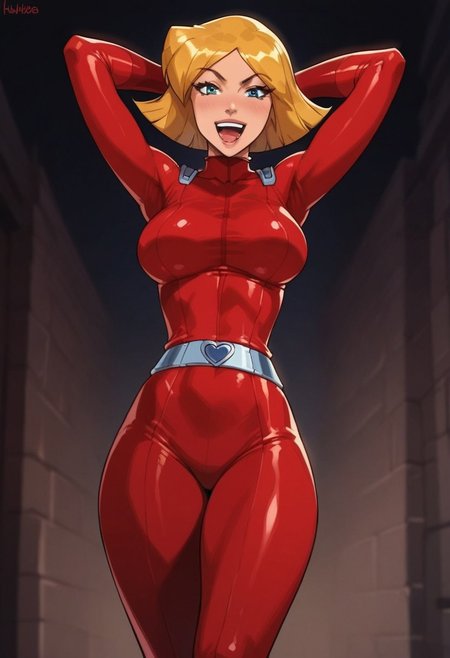 masterpiece,best quality, highly detailed, score_9, score_8_up, score_7_up, score_6_up, source_cartoon, BREAK, 1 girl, cloverts, \(totally spies\), blonde hair, blue eyes, red bodysuit, large breasts, thick thighs, happy