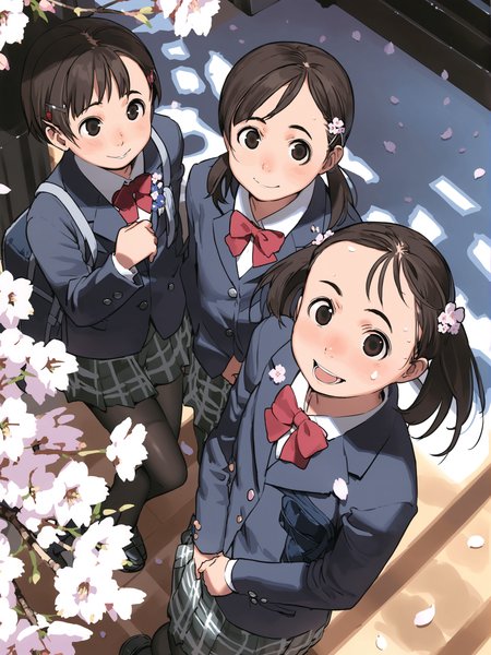 masterpiece, best quality, <lora:comiclo-xl-a3.1:1>,multiple girls, 2girls, school uniform, cherry blossoms, bag, school bag, twintails, skirt, short hair, smile, brown hair, jacket, hair ornament, flower, hairclip, from above, blazer, black hair, looking up, open mouth, black eyes, bow, pantyhose, branch, brown eyes, petals, plaid, plaid skirt