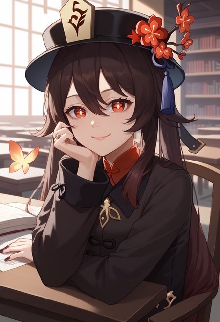 score_9, score_8_up, score_7_up, source_anime, 1girl, hutaodef, brown hair, long hair, twintails, hair between eyes, red eyes, symbol-shaped pupils, flower-shaped pupils, black headwear, porkpie hat, hat tassel, hat flower, jewelry, ring, chinese clothes, tassel, long sleeves, black shorts, short shorts, plum blossoms, bootaodef, ghost, white socks, black nails, nail polish, coat, butterfly, bug, sitting, on chair, table, head rest, elbow rest, smile, closed mouth, looking at viewer, indoors, library, cowboy shot, portrait, close-up, upper body, <lora:Hu_Tao_v1-000010:1>