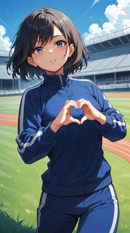 score_9,score_8_up,score_7_up,score_6_up, <lora:xl_more_art-full_v1:0.5>, source_anime, girl, dynamic pose, heart hands, <lora:Yui Kodai (Rule) - Pony-000004:0.8>, black hair, medium hair, blue eyes, blue tracksuit, track and field, grass,
