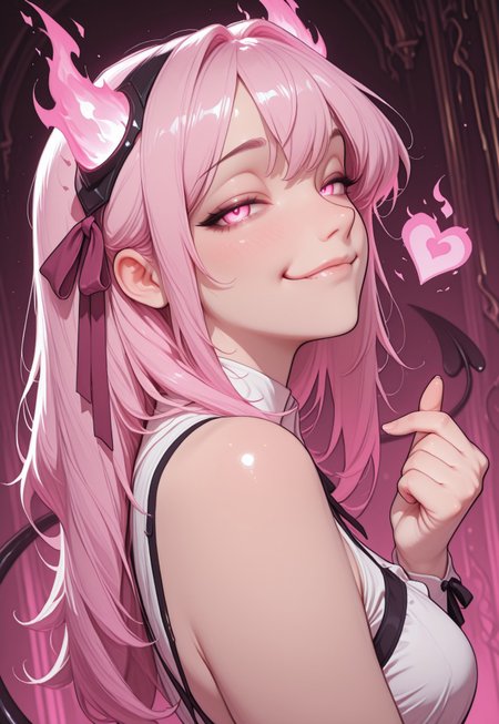 masterpiece, high_quality, highres, gradient, cinematic lighting, artist:moriimee,8k,

looking_at_viewer, smirking, finger_heart gesture, devils tail, ribbons in hair, 

[pink_background], pink fire, fire_background, dutch angle, side view, closeup, below view 