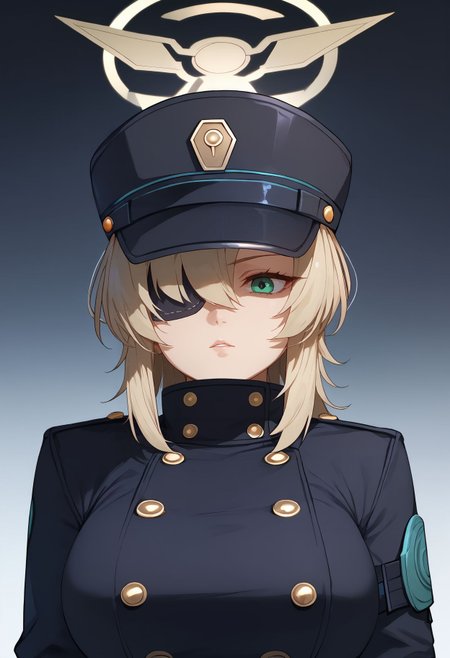 score_9,score_8_up,core_7_up, <lora:suou_blue_archive_xl:1>suou-ba, 1girl, solo, breasts, hat, eyepatch,hair over one eye,  large breasts, gloves,white background,parted lips, long sleeves, closed mouth, black headwear, upper body, black gloves, buttons, bangs, peaked cap