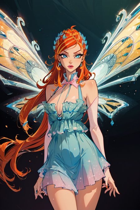 (Bloom:1.5), (blue gradient dress:1.2), fairy wings, orange hair, blue eyes, sparkling outfit, (orange and yellow gradient background), (realistic:1.2), (masterpiece:1.2), (full-body-shot:1),(Cowboy-shot:1.2), neon lighting, dark romantic lighting, (highly detailed:1.2),(detailed face:1.2), (gradients), colorful, detailed eyes,, (natural lighting:1.2), solo  <lora:WinxClubEnchantixBloom-10:0.9> <lora:add_detail:0.3> <lora:BeautifulEyes:0.6>