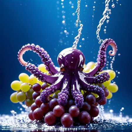 octopus tentacles made of grapes, splash water, flashing particles, depth of field, clean background, made from grapes