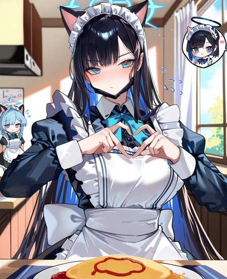 <lora:shiro_marimo:1>, shiro_marimo,
(masterpiece), (best quality), (ultra-detailed), amazing quality, very aesthetic, illustration, perfect composition, intricate details, absurdres, incredibly absurdres, shiny skin, realistic,
 shiro_marimo, halo, alternate costume, heart hands, multiple girls, omelet, heart, blush, maid, animal ears, blue eyes, omurice, enmaided, apron, cat ears, chibi inset, food, black hair, , maid headdress, long hair, blue hair, chibi, multicolored hair, looking at viewer, maid apron, dress, colored inner hair, general