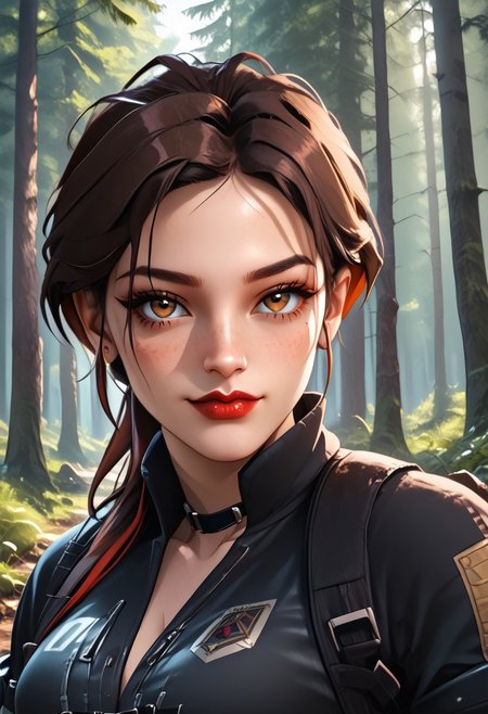 Score_9, Score_8_up, Score_7_up, BREAK, AliasCODMXL, lipstick, hazel eyes, brown hair, multicolored hair, ponytail, split bangs, black choker, medium breasts, harness, black shirt, rolled sleeves, individual focus, seductive smile,  look at the viewer, forest,full body <lora:AliasCODMXL:0.8>