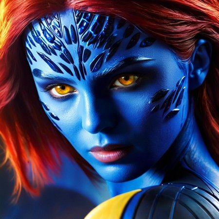 concept art of  <lora:Mystique X-Men:1>
Mystique X-Men a closeup of a woman with red hair and yelloweyes and blue body, digital artwork, illustrative, painterly, matte painting, highly detailed