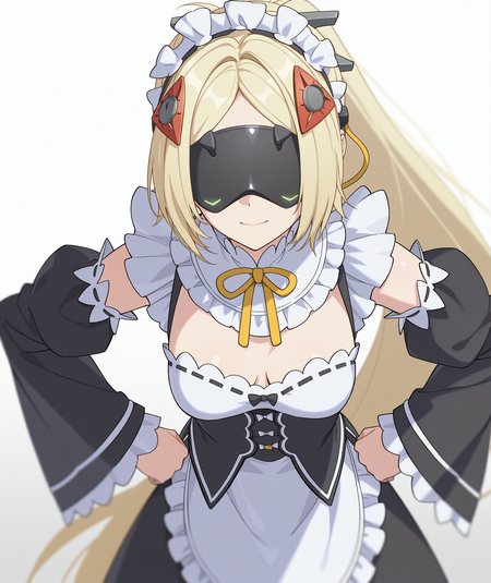 official art, absurdres, highres, anime coloring, hi res, best quality, masterpiece, 2d, intricate details, 4k,
1girl, solo, short hair, long hair, bangs, blonde hair, hair ornament, very long hair, ponytail, braid, parted bangs, forehead, mask, blindfold, mask, headgear, eye mask,
breasts, medium breasts, maid headdress, maid apron, maid, roswaal mansion maid uniform, detached sleeves, cosplay, parody,
cowboy shot, foreshortening, looking at viewer, hands on own hips,
depth of field, white background, gradient background, <lora:Trigger_ILXL:1>, zenless zone zero,