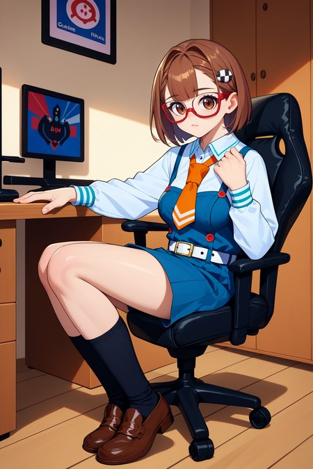score_9, score_8_up, score_7_up, score_6_up, source_anime, 1girl, solo,  <lora:hitomichris-pdxl-nvwls-v1-000005:1> hitomichris, brown hair, short hair, brown eyes, hairclip, red glasses, white shirt, long sleeves, orange necktie, pinafore dress, blue dress, white belt, big breasts, black socks, brown shoes, sitting, full body, indoors, looking at you, from side, gaming chair