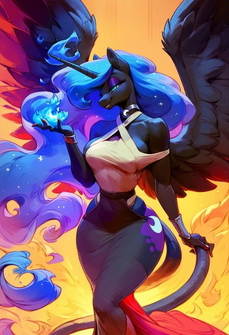 score_9, score_8_up, score_8, score_9, score_8_up, score_7_up, score_6_up, helios-geo, erotic group, 1girl,  Nightmare_Moon \(mlp\),  (anthro pony:1.1), sexy regal  dress, sexually aroused, smug, Royal bedroom room, tail, huge perky breasts, blue fire, fire aura, skimpy clothes, Royal chambers