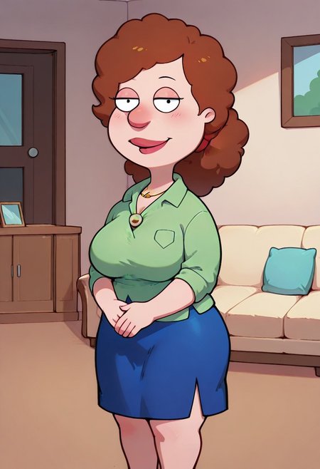 score_9,score_8_up,score_7_up,score_6_up,best quality, 1girl, solo, living room, couch, indoors,
BREAK
unnamed girl, brown hair, black eyes, big nose, (mature female:1.5), (plump:1.2), large breasts, gigantic hips, thick thighs, green sweater, rolled up sleeves, blue skirt, stockings, own hand together, blush, smile, looking at viewer, long skirt, half-closed eyes, necklace,