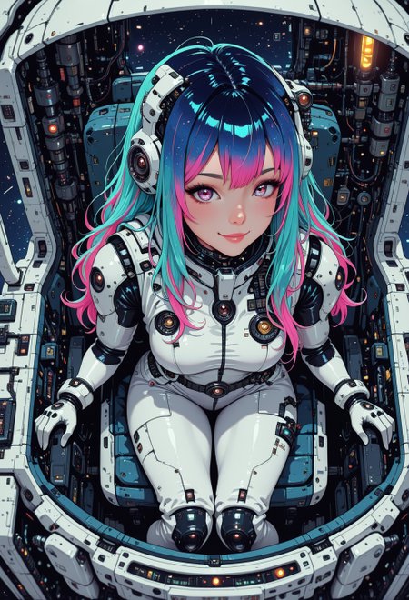 <lora:ck-nc-cyberpunk-IL-000011:1>,  masterpiece, best quality, good quality, very aesthetic, absurdres, newest, 8K, depth of field, focused subject, 1girl, science-fiction,  from front, from above, 1girl, sci-fi, sitting atop space rocket, white space rocket, smile, sexy space suit, swirl, neon hair, long hair, dynamic angle, in the style of cknc
 <lora:MoriiMee_Gothic_Niji_Style_Illustrious_r1:0.5>