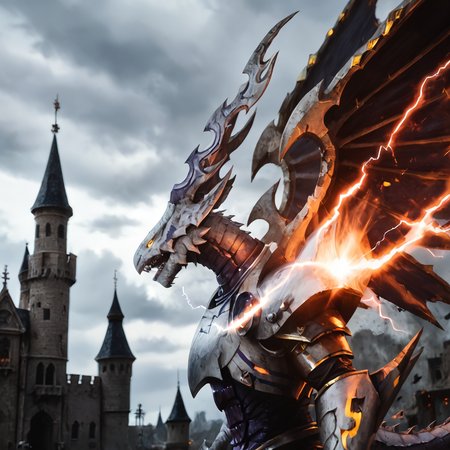 score_9, score_8_up, score_7_up, score_6_up, score_5_up, score_4_up, rating_safe,photo,realistic,cinematic,DLSR,film grain, zPDXLrl,solo,no humans,dragon focus,dorugoramon,wings,horns,cropped,upper body,miasma,darkness aura,glowing yellow eyes,red forehead gem,cloudy sky,lightning storm,castle,destroyed builging,lightning strike,flying,spread wings, <lora:DORUgoramonPony:0.97>