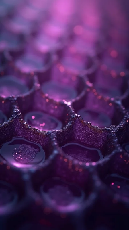 Close-up of a honeycomb, epic structure, dark violet Colors, macro photography, fantasy lighting, high The Breach, clear focus