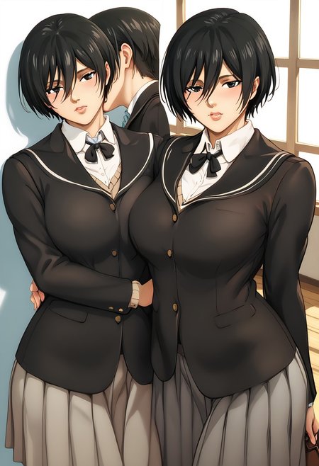 score_9, score_8_up, score_7_up, mikasa ackerman, black eyes, black hair, short hair, wide hips, lips, huge breasts, black blazer, black sailor collar, collared shirt, neck ribbon, dark grey skirt, pleated skirt, multiple view, face close up,