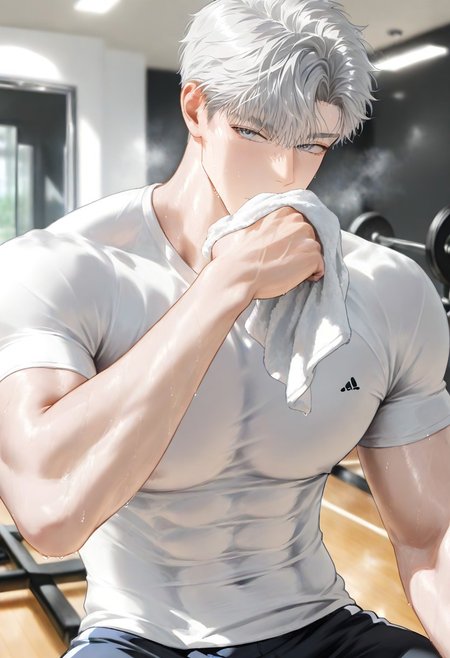 masterpiece, best quality, amazing quality, very aesthetic, high resolution, ultra-detailed, absurdres, newest, BREAK, male, male focus, adult, 
BREAK, exercise, gym, wiping sweat with his t-shirt,
BREAK, athletic build, imposing appearance, elegant style, sophisticated appearance, expressive eyes,
Ilay Riegrow, short hair, white hair, straight hair, grey eyes,