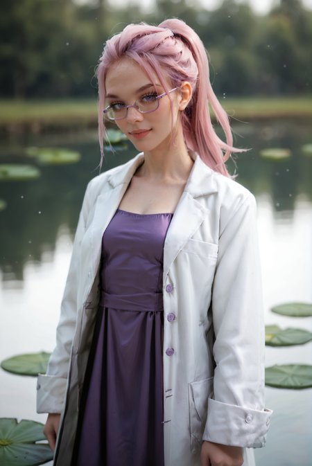 <lora:intp_v1:0.8>
intp_v1 , solo
ponytail, pink hair, long hair, purple hair, 
pale skin, 
purple eyes, 
breasts, small breasts, 
glasses,  semi-rimless eyewear,
labcoat, white coat, coat, open coat,long sleeves,
purple dress,
jewelry,, score_9, score_8_up, score_7_up, solo, 
A misty morning over a tranquil pond with lily pads and lotus flowers,, light smile:0.3, head tilt,
blur censor, blurry, blurry background, blurry foreground, bokeh, motion blur,
chromatic aberration, depth of field, figure, focused,  focus