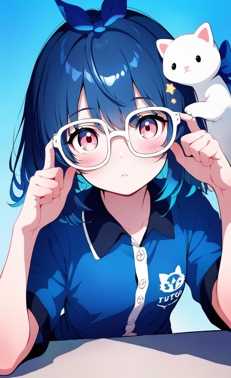 masterpiece, best quality, good quality, very aesthetic, absurdres, newest, 1girl, solo, blush, shirt, ribbon, blue_hair, upper_body, short_sleeves, collared_shirt, medium_hair, pink_eyes, star_\(symbol\), hands_up, blue_background, animal, blue_shirt, cat, blue_ribbon, animal_print, adjusting_eyewear, on_head, print_shirt, white_eyes, animal_on_head, white_cat, cat_print, white-framed_eyewear, cat_on_head, looking_at_viewer <lora:ponyv5_noobE11_1_adamW-000013:0.8> <lora:MeMaXL4:0.6>