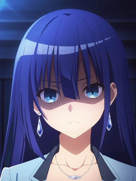 <lora:Ayano_Yugiri_Character:0.8>ayano_yugiri, 1girl, solo, blue eyes, blue hair, very long hair, blue earrings, silver neckless, formal blue jacket, stern, focused, standing, portrait, looking at viewer, shaded face, night, blurred background, dark environment, dramatic lighting, face shadows, low key lighting