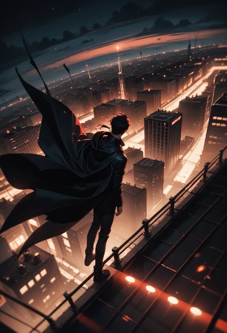 (score_9, score_8_up), score_7_up, 1boy, long black coat, cityscape, from above, high above, falling, floating black cape, floating hair, falling, foreshortening, dynamic, dutch angle, blurry background, depth of field, red theme, night, night sky, gritty, dark lighting, neon lights, cloudy
<lora:DetailedEyes_V3:0.5> <lora:add-detail-xl:0.5>  source_anime