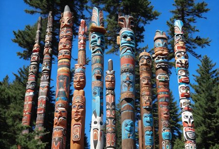 a photograph from the ground, pointing up of  beautifully decorated, intricately carved, beautifully painted, wooden totem poles, native American art, with various totem animals, stands on a beautiful natural background with land, water, sky and nature present, a realistic, breathtaking tall, wooden totem, nature, natural, absurdres, breathtaking, OverallDetailX, pop Tlingit totem pole, Archi Sculpture Photography