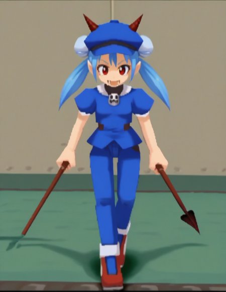 zPDXL, score_9, score_8_up, score_7_up, source_anime, 1girl, solo,
<lora:RockLegend_v1:1> rcklgnd, <lora:Nullantwins:0.8> Zhuu, blue hair, red eyes, pointy ears, fangs, large fangs, red horns, demon tail, small breasts, (double bun, twintails),, relaxed, battoujutsu stance, gangster from the year 1920, wearing a deep burgundy wool suit, trilby hat, two-tone shoes, walking cane