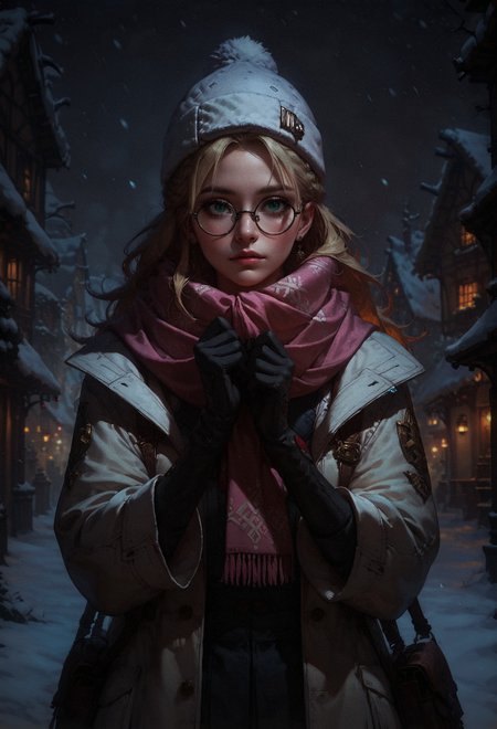 score_9, score_8_up, score_7_up, score_6_up, score_5_up, score_4_up,  1 girl, blonde hair, long hair, crownbraid, snowcap, round eyewear, glasses,  white winter furcoat, snow, standing, in snow, night, solo, bokeh, orange lighting, pink scarf, hand on scarf, green eyes, black gloves, close up, pleading, moonlight, snowing   <lora:sdxl\Concept Art DarkSide Style LoRA_Pony XL v6:0.8>, concept art, realistic, <lora:sdxl\Expressive_H-000001:0.8>, expressiveH <lora:sdxl\pony_OldAnimeStyle_XL_v3:0.4>, 1990s \(style\), vintage <lora:sdxl\sinfully_stylish_SDXL>