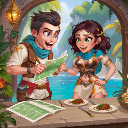 A cartoon-style depiction of a male and female adventurer duo dining together in a lively restaurant. The scene is vibrant and filled with whimsical details, capturing the adventurers' animated expressions as they share tales of their journeys over a hearty meal. The restaurant is adorned with exotic decorations, hinting at the many cultures they've encountered. The male adventurer sports a rugged outfit with a map poking out of his pocket, while the female adventurer's attire is both practical and stylish, her eyes sparkling with laughter, <lora:herowars:0.85>