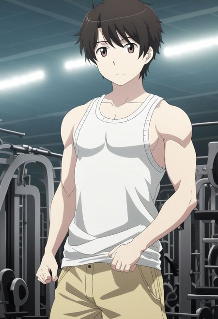 high resolution, solo, best quality, 1Boy, Inaho Kaizuka, Black Hair, Brown Eyes, Gym , tank top, shorts, exercise, sixpack, gym, OverallDetail