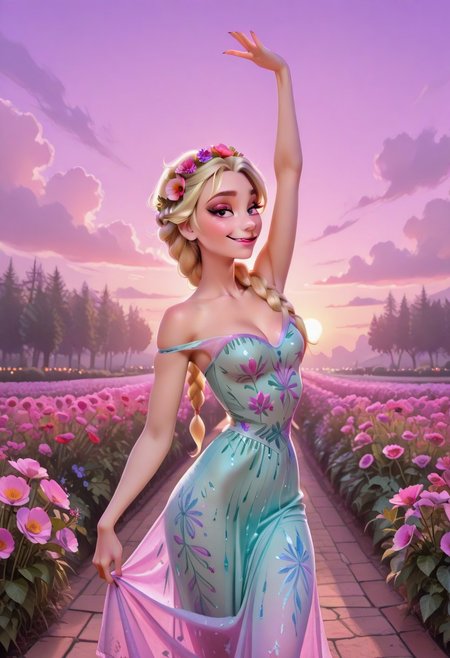 ElsaXL, 1girl, solo, POH-Illu, flowers, hair flowers, hair ornament,
fae, fairy, playful, sexy, teasing, dancing, in a garden, sunshine, puffy clouds, hazy sunshine,
slender, long hair, braided hair,
intricate sundress, festival dress,
slender hips, tiny waist, 
strap slip, cleavage, small breasts,
masterpiece, best quality, newest, absurdres, highres, very awa