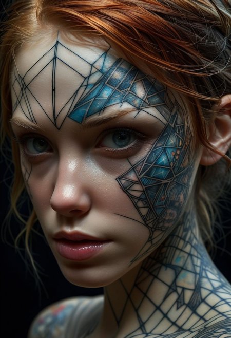 Rune tattoo on girls face, close-up, by Minjae Lee, Carne Griffiths, Emily Kell, Steve McCurry, Geoffroy Thoorens, Aaron Horkey, Jordan Grimmer, Greg Rutkowski, amazing depth, double exposure, surreal, geometric patterns, intricately detailed, bokeh,  perfect balanced, deep fine borders, artistic photorealism , smooth,  great masterwork by Suiras  <lora:add-detail-xl:2>  <lora:Double_Exposure:0.5>