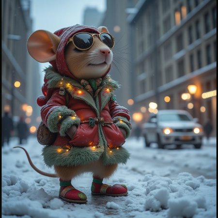 a detailed and realistic  image of a mouse wearing a costume with xmas theme and colorful socks, the clothing have small lighting accessories simulating a Christmas garland lights, with intricate details in the fabric, accessories in the body and sunglasses reflecting the city lights. the mouse is looking at the sky and a little amount of snow is accumulated in his face and body, the location is a snowing city at midnight, snow is falling and a frozen car is in the background, city lights shines in the street and reflects in the ground. a dense amount of fog is floating in the scene with light particles.