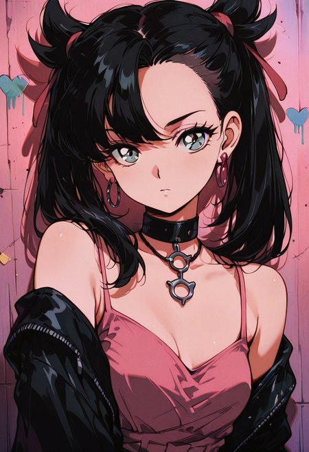 masterpiece, best quality, 1girl, solo, eyelashes, (beautiful eyes),   zzMarnie, aqua eyes, black choker, red ribbon, pink dress, jewelry, black jacket, open clothes, long sleeves, looking at viewer, jewelry, collarbone, upper body, heart, earrings, choker, necklace, off shoulder, black eyes, black dress, parted bangs, black choker, film grain, looking at viewer, black hair, bare shoulders, upper body, off shoulder, black dress, black choker, hoop earrings, 1980s (style), film grain,