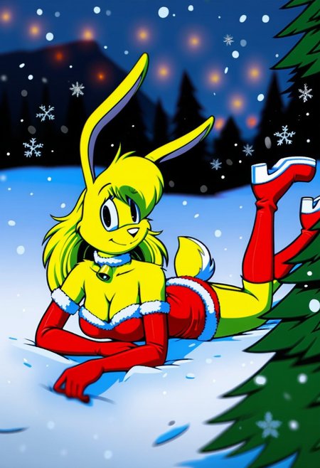 score_9, score_8_up, score_7_up, score_6_up, score_5_up, score_4_up, retro artstyle, BREAK 
LoriJackRabbitPXL, rabbit girl,long yellow hair,yellow skin,1girl, furry female, red dress, dress, furry,black eyes, gloves, solo, snow, fur-trimmed dress, christmas, snowflakes, breasts, smile,rabbit tail, fur trim, elbow gloves, animal ears, lying, cleavage, medium breasts, snowing, outdoors, santa costume, fur-trimmed gloves,long yellow hair, short dress, on stomach, looking at viewer, closed mouth,yellow fur, alternate costume, red gloves, signature, pine tree, santa dress, tree, full body, boots, blurry background, blurry, choker
<lora:lorijackrabbit-v1:0.9>