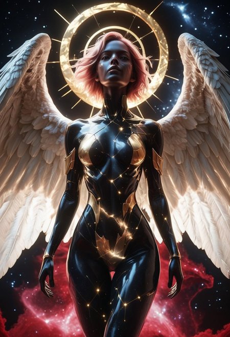 dutch angle, score_9, score_8_up, score_7_up, score_6_up, sclpt, sculpture style, fineart reddish palette, red colors, wings, solo, black background, white eyes, red theme, cracked skin, bloody feathered wings, 1girl, ebony skin, black marble skin, holding a golden spear, narrow waist, wide hips, pink angel wings, angel, detailed starry background, upper body, multiple wings, looking up, constellation, black skin, star dark sky, short hair, breasts, halo, tranquil ambiance, floating golden specks, ethereal and otherworldly vibe, intricate detail, HD, ultra-detailed hyper-realystic masterpiece artwork,