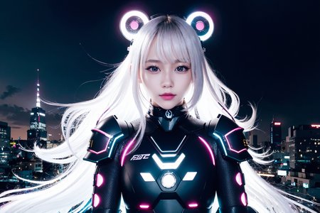 1girl,  white cyber armor, colorful long hair, battle stance, helmet, choker, DJ, smile
cityscape, cyberpunk, light smile, city pop,  neon lights,
cinematic lighting,  high contrast , dark sky, dim light,  from above angle
masterpiece, best quality,  solo, night, colorful, vector illustration <lora:epiNoiseoffset_v2:1> <lora:koreandolllikenessV20_v20:0.5>