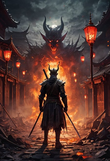 4k, high resolution, best quality, perfect colors, perfect shadows, perfect lighting, final showdown super illustration extremely detail, story of the brave, dark sky, false glory, supernatural existence, even if all hope is lost, seek more power, stepping on countless corpses and shouldering the burden of guilt, darkness of night fall, demon inside, all range, blood burning, blood moon, moonlight signpost with run through, wipe away the pain and sadness, until we tear apart the darkness and bring light, stir up blood, to weave hope, determined eyes, scary old face, stunning elaborate wand, following the scars, firelight scattered, in light and shadow, beautiful detail, heat haze in light and shadow, fiery, fire blazed on the ground, shed tears of fate, bloody road, fleeting prayer that scatters, until the afterlife, feel the last time, heartbeat double exposure, an impending strong enemy, goblin, hairless, wearing a crown, wearing samurai armor, oil painting, fantasy, digital art, highly detailed, overall detail, atmospheric lighting, Awash in a haze of light leaks reminiscent of film photography,  awesome background, highly detailed styling, intricate details, highly detailed, cinematic, Chinese kingdom