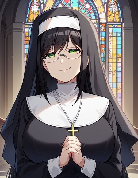 score_9, score_8_up, score_7_up, source_anime, <lora:yuzuki-hanyuu-s1-ponyxl-lora-nochekaiser:1>, yuzuki hanyuu, long hair, black hair, green eyes, glasses, huge breasts,, <lora:traditional-nun-ponyxl-lora-nochekaiser:1>, traditional nun, nun, habit, long sleeves, dress, black dress, jewelry, black veil, cross, cross necklace,, church, smug, praying,, , dutch angle, cowboy shot