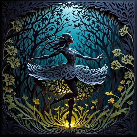artpkplnt, illustration, dancer in the dark, 4k, uhd, warlock, masterpiece, Artpprct, in the style of papercutting, relief carving, nature, oittppts